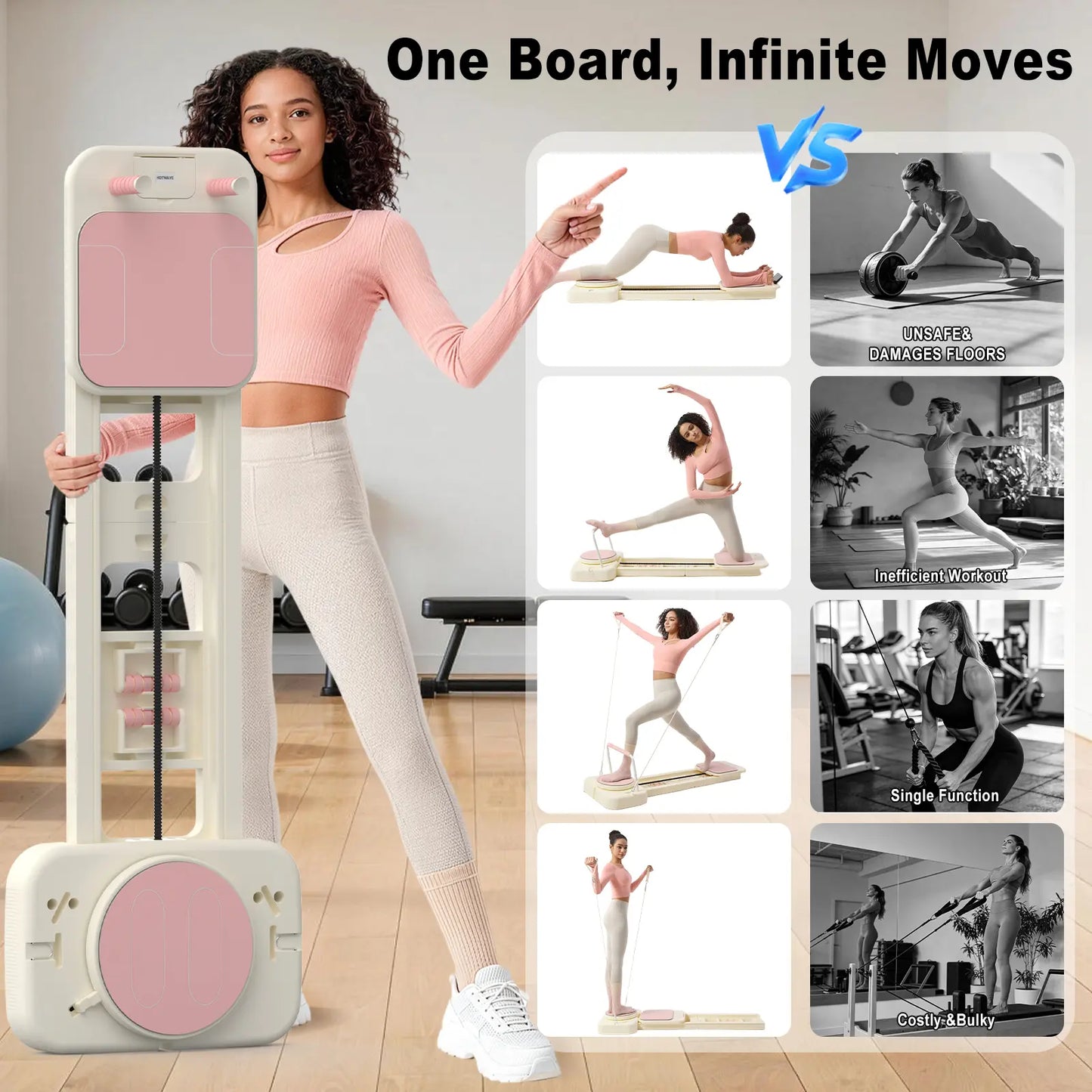HOTWAVE Portable Pilates Reformer, 7-In-1 Pilates Board for Home Gym, Foldable Machine with High-Strength Steel Rails 440Lbs Max Capacity, Adjustable 20Lbs & 60Lbs Resistance Bands, Professional Full-Body Sculpting Equipment Summerwins Summerwins